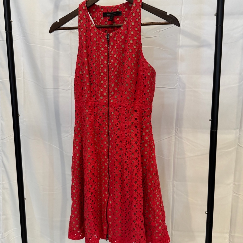 BCBGMaxAzria Red Eyelet Midi Dress with Front Zip